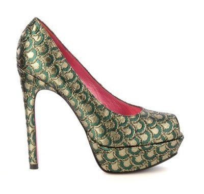 Peep Toe Vicki con textil verde y oro de Ursula Mascaró
